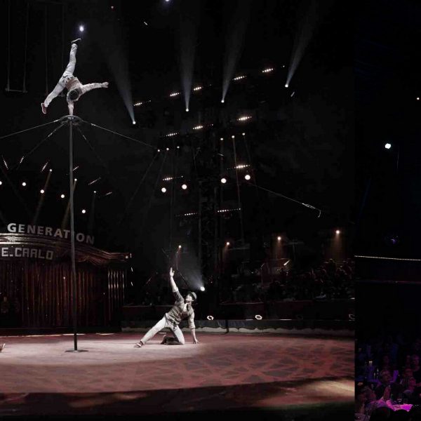 3 Akrobaten an einer Stange zum Zirkusfestival in Monte Carlo